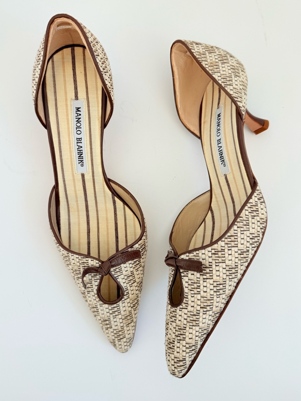 Manolo Blahnik Archival Woven Raffia D'Orsay Bow Kitten Heels EU 38.5 Y2K